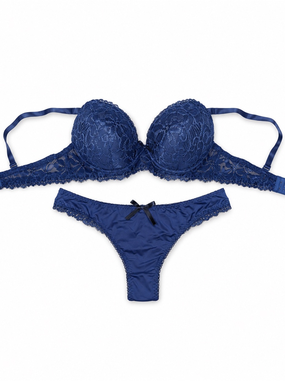 SHEIN Navy Lace Push-Up Bra & Thong Set - Deep Blue